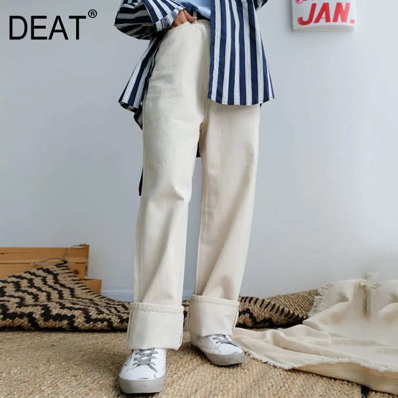 DEAT 2020 New Spring Summer Solid Color High Waist Straight Denim Pants Women Vintage Loose Casual Wild Wide Leg Pants PE019 DEAT 2020 New Spring Summer Solid Color High Waist Straight Denim Pants Women Vintage Loose Casual Wild Wide Leg Pants PE019