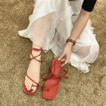 

Roman Style Gladiator Sandals Women Open Toe Clip Toe Sandals Summer Shoes Women Fashion Narrow Band Sandals Round Heels Women