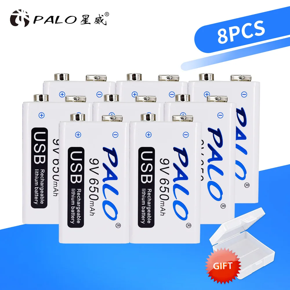 

PALO 8pcs USB 9V 6F22 650mAh Rechargeable Battery 9 volt fast charging smart li-ion lithium li ion liion batteries