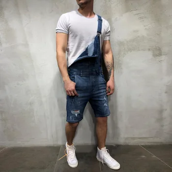 

MJARTORIA 2019 Oversize Fashion Men's Ripped Jeans Jumpsuits Shorts Summer Hi Street Distressed Denim Overalls Suspender Pant
