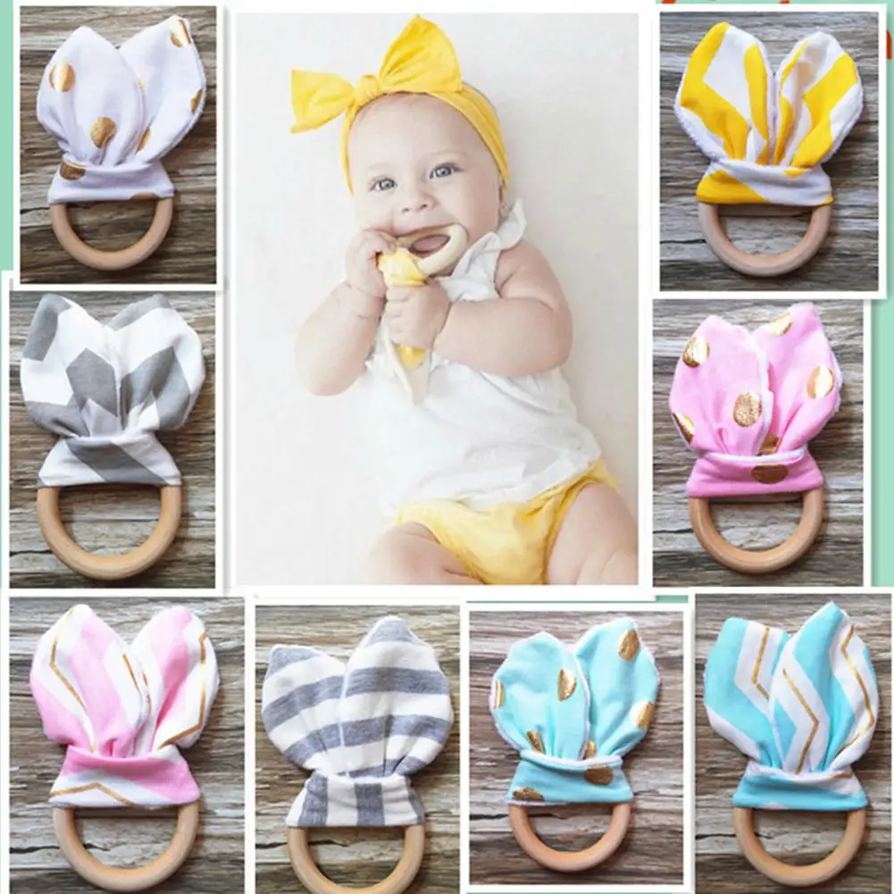 

Cute Cartoon Rabbit Ear Shape Teether Wood Teething Ring for Baby Infant