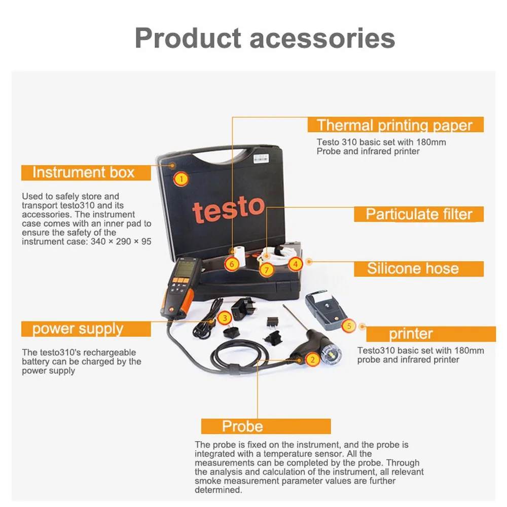 Testo 310 анализатор дымовых газов от 0 до 4000 Ppm O2 CO CO2 с подсветкой термопары с длинным зондом комплект сжигания