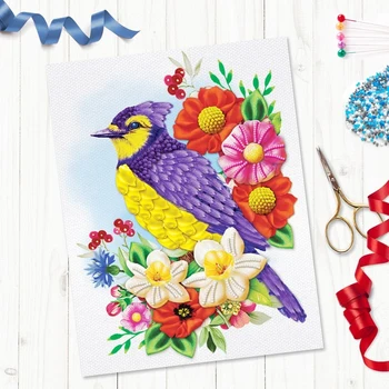 

Volumetric embroidery with beads and ribbons "Bird", 24 × 32 cm