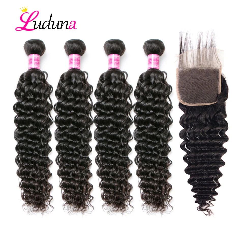 

Luda Brazilian Deep Wave Human Hair 4 Bundles With Closure 100% Remy Hair Bundles With Closure 4*4 With Bundles Human Hair Weave