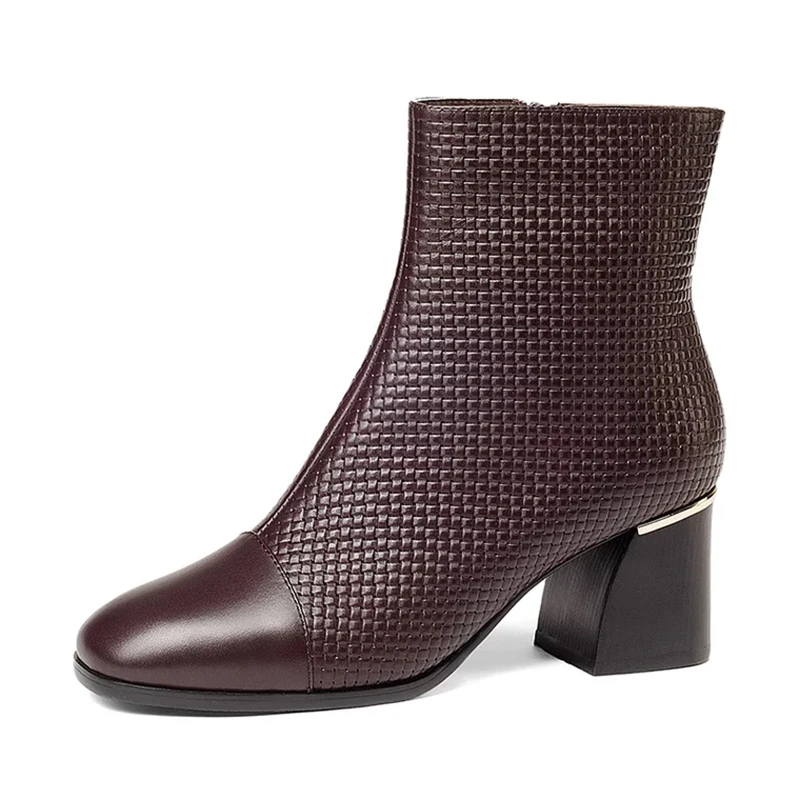 

Hot Sale In Autumn and Winter Women's Europe Pattern Pointy Toe Brown Block High Heel Punk Cowboy Ankle Boots