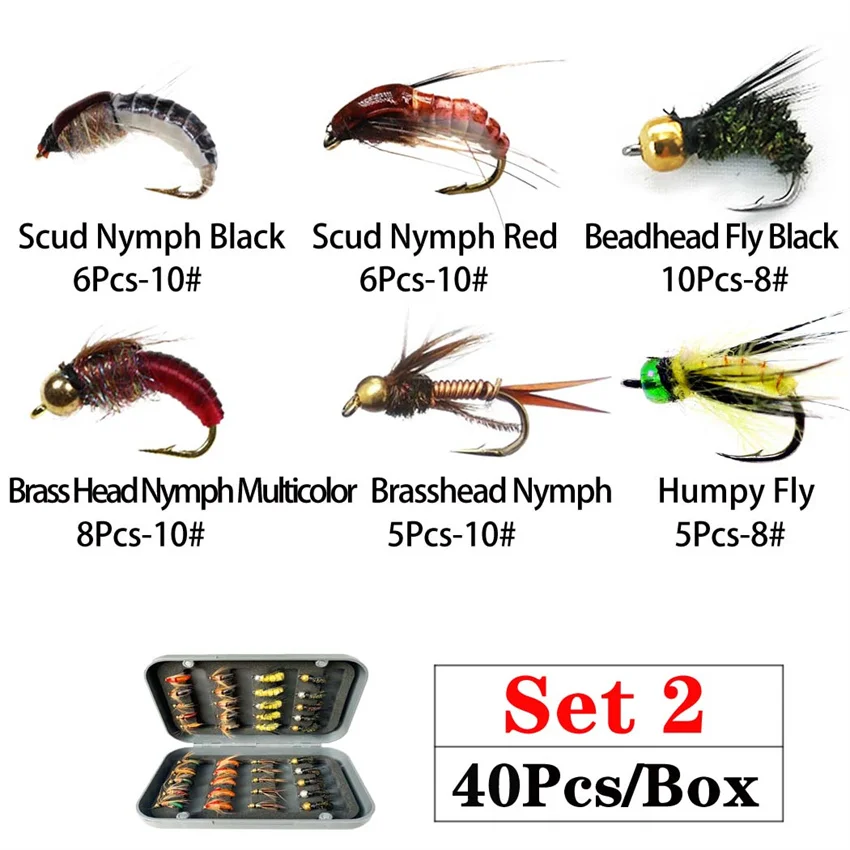 40Pieces/Box Outdoor Dry/Wet Fly Nymph Fly Lure Assotment with Fly