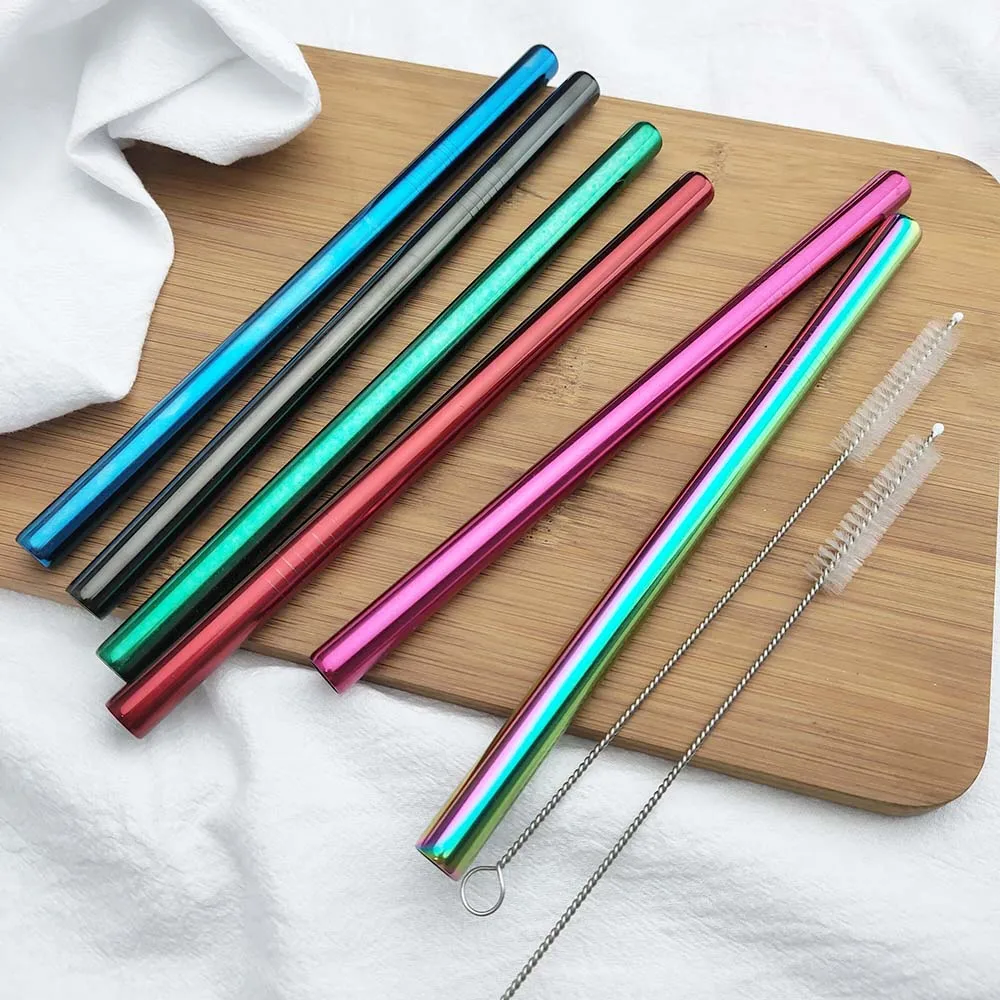 Set of 2 Reusable Extra-Wide Stainless Steel Straws with Cleaning Brush