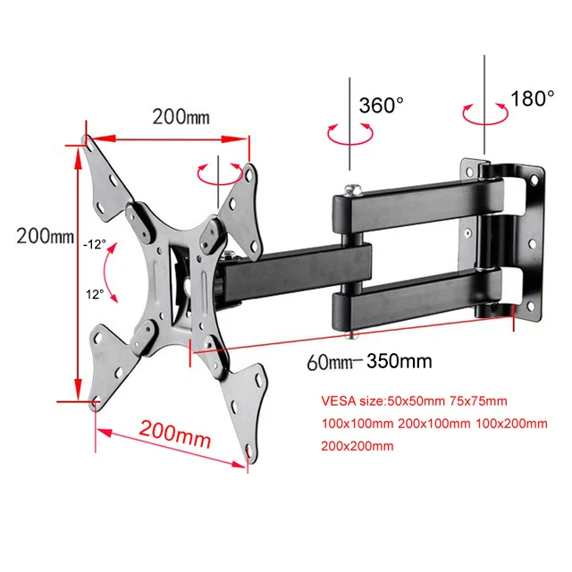 3c-12-37-дюймовый выдвижной настенный кронштейн для телевизора, загрузка, 15 кг, полное движение, кронштейн для плоского экрана до 200X200 мм