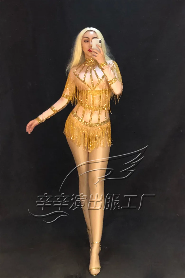 

Women New Sexy Shining Gold Fringes Dance Bodysuit Celebrate Tassel Leotard Outfit Singer Dancer DJ DS Fashion Stretch Costume