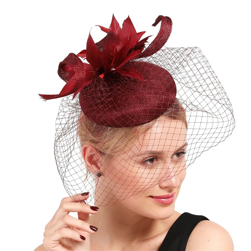 

High Quality 4 Layer Sinamay Mesh Fascinators Hat Marron Wedding Veils Fascinator Accessories Female Feathers Elegant Millinery