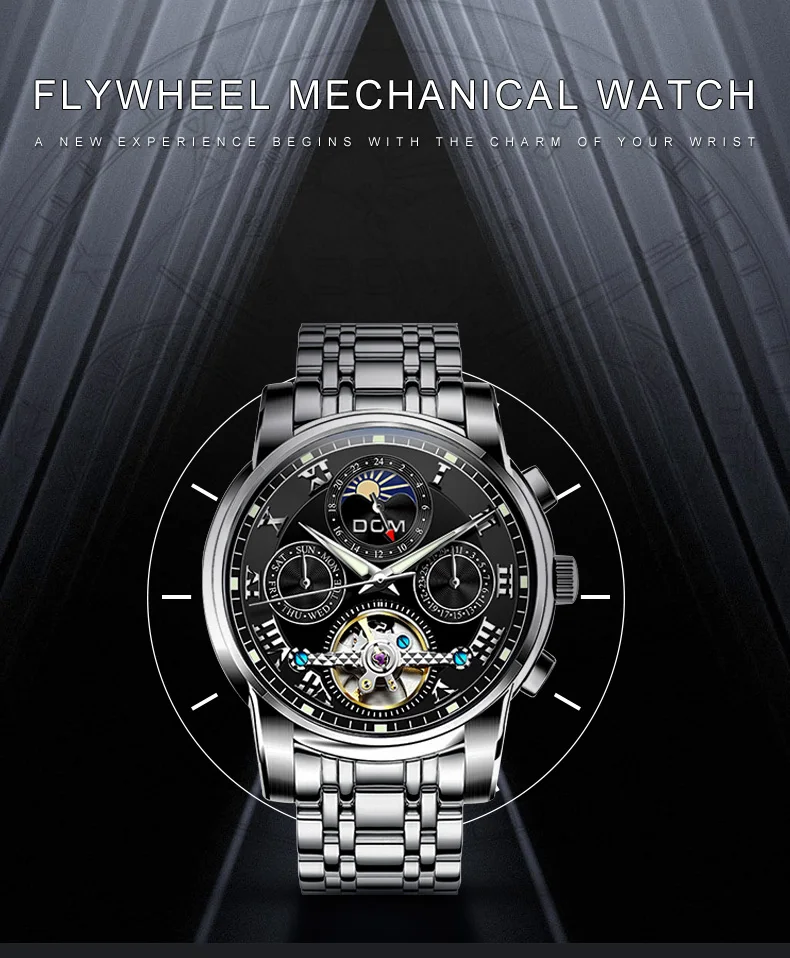 DOM Men Mechanical Watch Self-Wind Stainless Steel Watch Vintage Elegant Waterproof Skeleton Watches Relogio Men watch