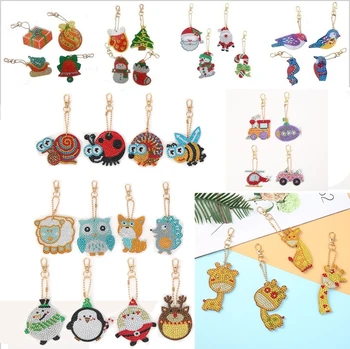

4pcs Diamond Painting Keychains Christmas Animal Crystal Key Ring Rhinestone Embroidery Pendants DIY Full Drill Key Accessories