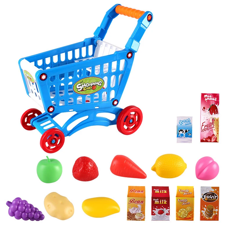 Yealsha Kid Educational Toy Fruit Vegetable Supermarket Shopping Cart Mini Trolley Pretend Shopping Cart Toy 