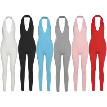 

Womens Sexy Halter Deep V-Neck Bodycon Jumpsuit Backless Solid Color Long Pants Rompers Sleeveless Fitness Workout Sports Leggin