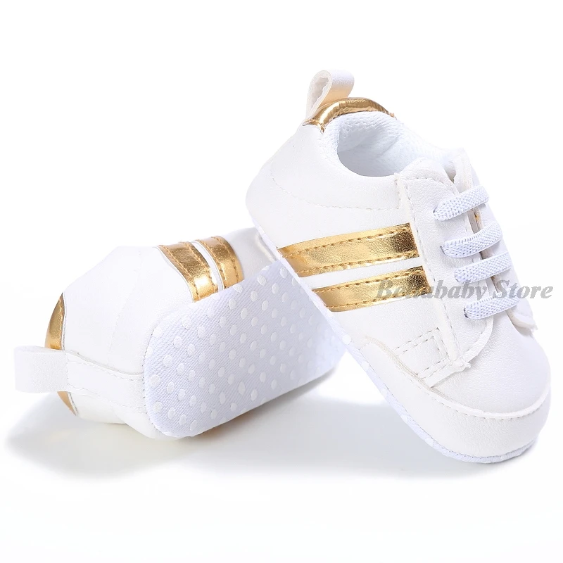 Zapatos informales niños y niñas, zapatillas deportivas blancas a rayas cuero Pu, zapatos para caminar bebés|Zapatillas deportivas| -