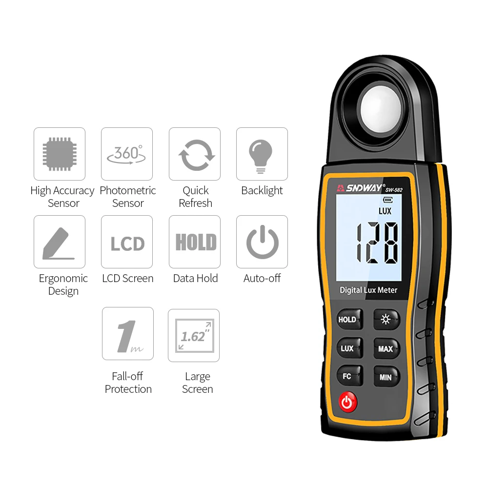 Digital Tester SW582 Digital Light Meter Luxmeter Lux/FC Meters Luminometer Photometer Light Meter 0-199900Lux Digital Illuminance Meter High Precision Tester Meter Digital Tester SW582 Digital Light Meter Luxmeter Lux/FC Meters Luminometer Photometer Light Meter 0-199900Lux Digital Illuminance Meter High Precision Tester Meter