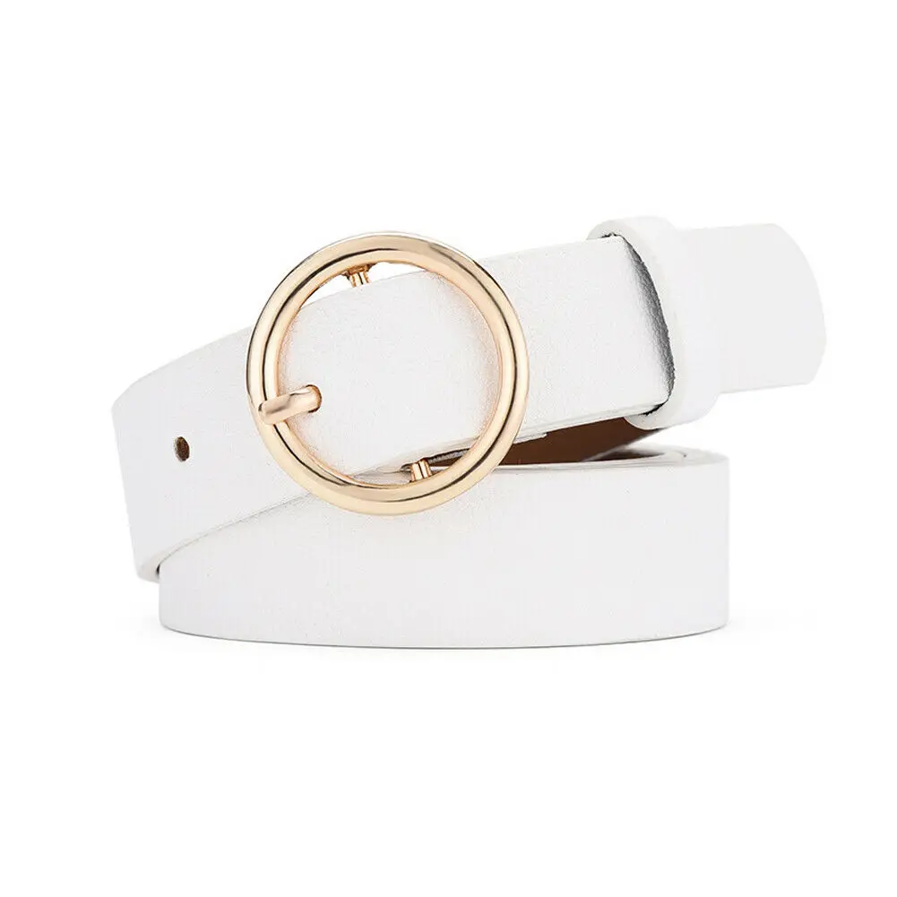 Новые женские Дамские модные шикарные металлические кожаные круглые пряжки сплошной пояс для женщин - Цвет: Белый