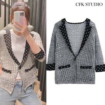 

2020 Za Women Blazer with Dot Print Loose Hollow Out Knitted Outwear Femme Summer Elegant Casual Grey Oversize Coat