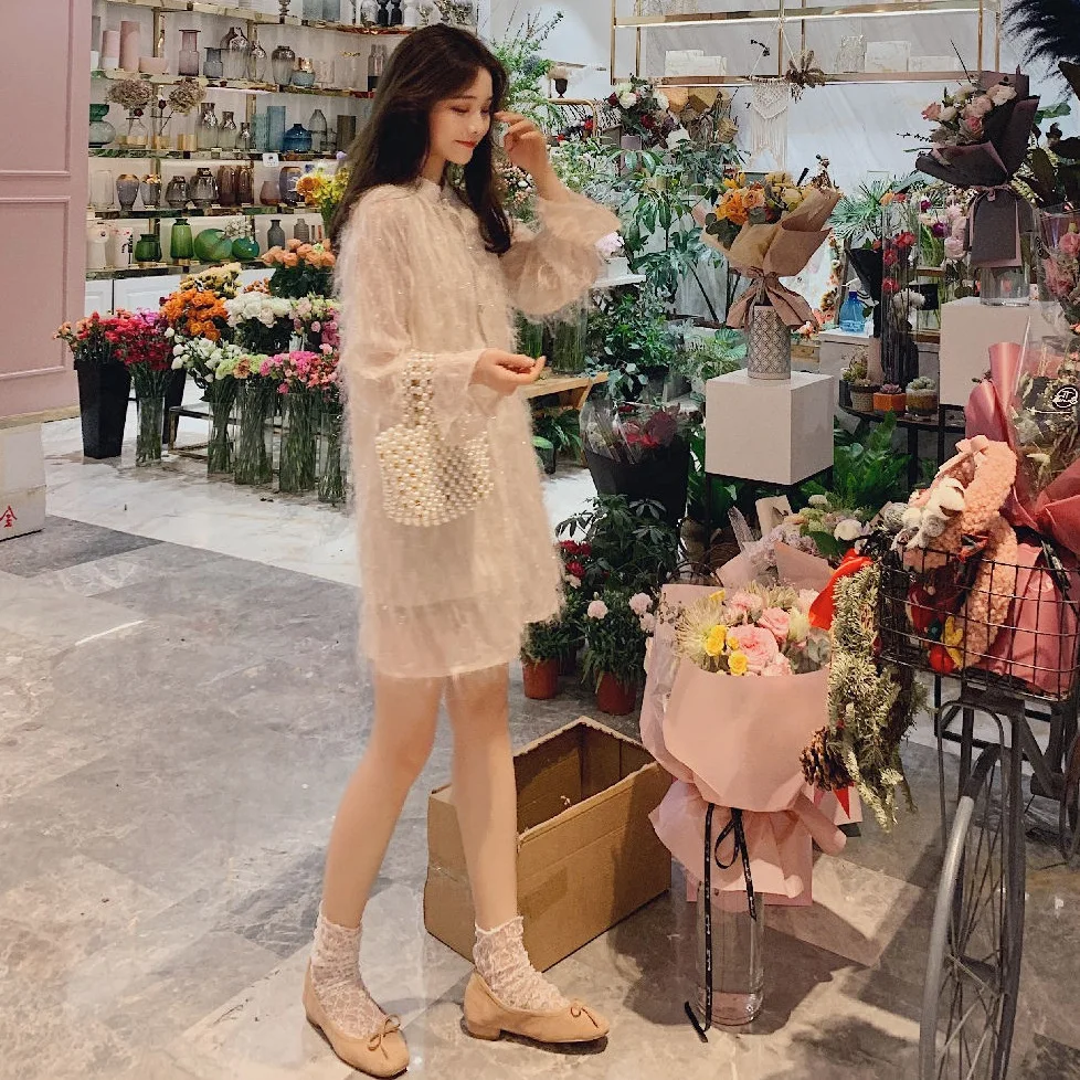 

Photo Shoot INS Sweet Apricot Chiffon Tassels Feather Stand Collar Single Breasted Bell Sleeve Short-height Fairy Dress