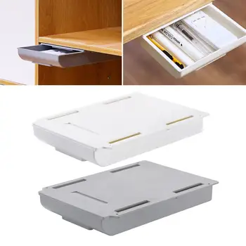 

2PCS Hanging Container ABS Drawer Style Storage Box Punch Free Adhesive Pen Box Under Table Desk Organizer Size L Grey White