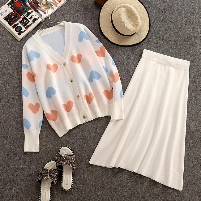 

High Quality Sweet Style Women's Knitted Set Long Sleeve V-Neck Single Breasted Sweaters+Elastic Waist A-Line Skirt Female Suits