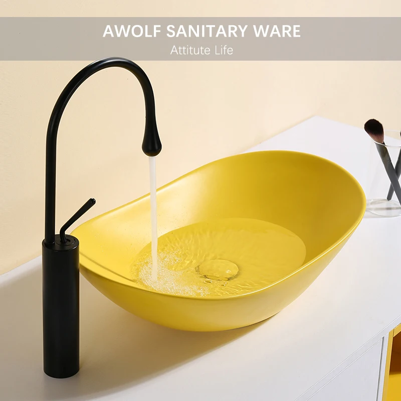 Art Bathroom Sinks Ceramic Vessel Modern Matte Yellow Counter Top Oval