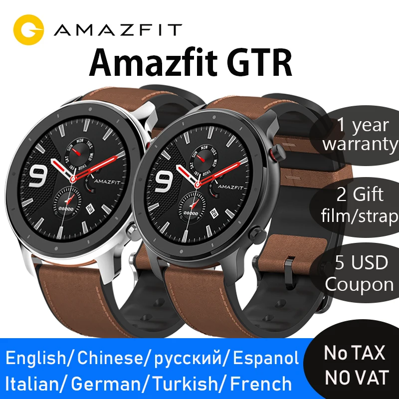 Tanie Wersja globalna amazfit gtr 47mm smart watch ekran amoled 24 jego bateria starcza na cały dzień pracy zegarek gps 50ATM wodoodporna pływanie