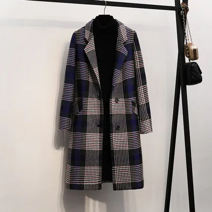New Winter Plaid Woolen Coat Women Plus size Warm Long Wool Blend coat Elegant Ladies Single-breasted Wool jacket Overcoat 5XL - Цвет: Navy