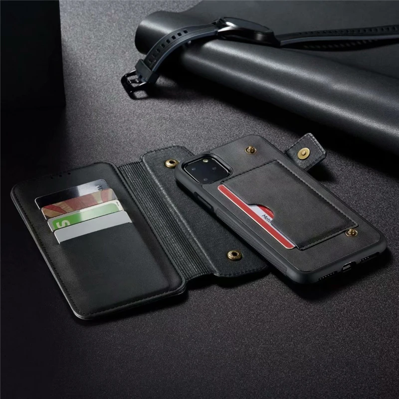

Two In One Wallet Phone Case for Apple IPhone 11 Pro Max Luxury Leather Flip Cover Card Holder Stand Vintage Business Style