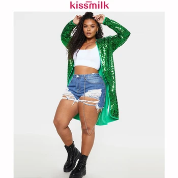 

Kissmilk 2020 Women Plus Size High Split Long Sleeve Sequin Solid Street Style Tops Casual Eyecatching Classic-fit Long Coat