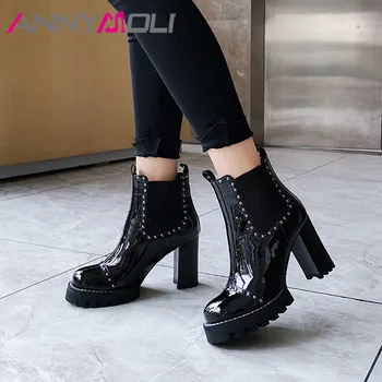 

ANNYMOLI Winter Ankle Boots Women Genuine Leather Platform Chunky High Heel Short Boots Cow Leather Rivets Shoes Ladies Fall 42