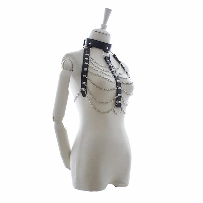 Sexy Faux Leather Body Harness Metal Drape Chain Bra Crop Top Vest Lockable Collar Fetish Bondage Underwear Costume