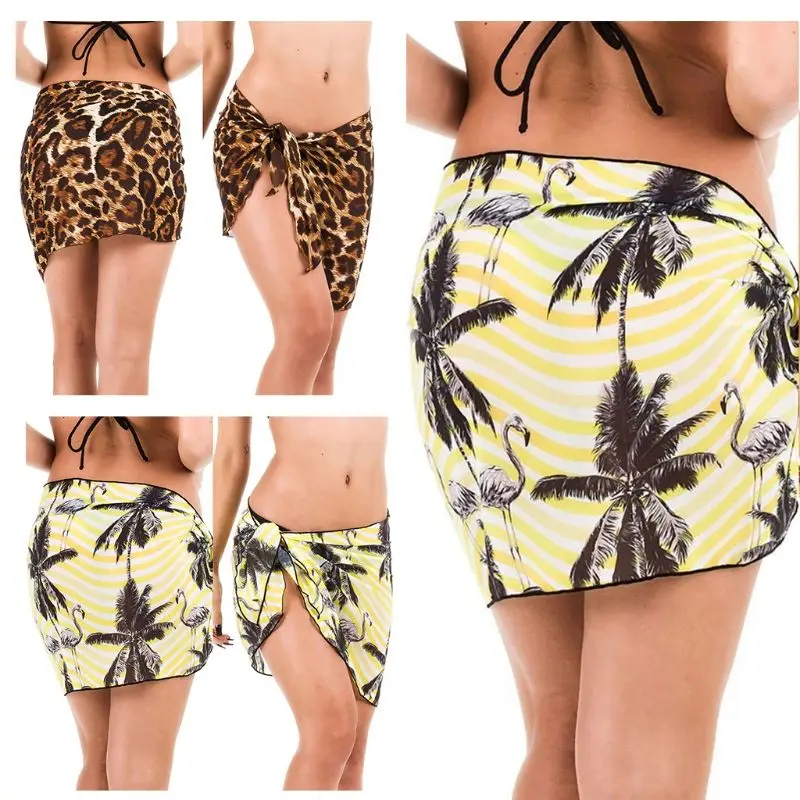Женская летняя Солнцезащитная шифоновая саронг юбка с запахом, богемный цветной леопард, кокосовое дерево, цифровой принт, купальник, накидка