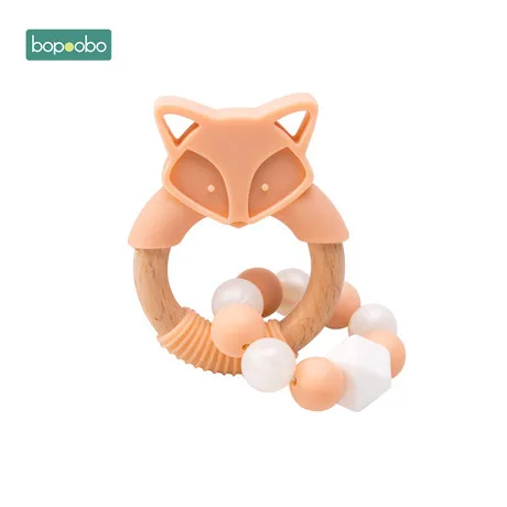 Peachy Bopoobo 1 шт. детские погремушки бука деревянные кольца браслет в виде лисы пищевого класса силиконовые бусины для кормления Прорезыватель подарок на предметы для новорожденных - Цвет: Peachy