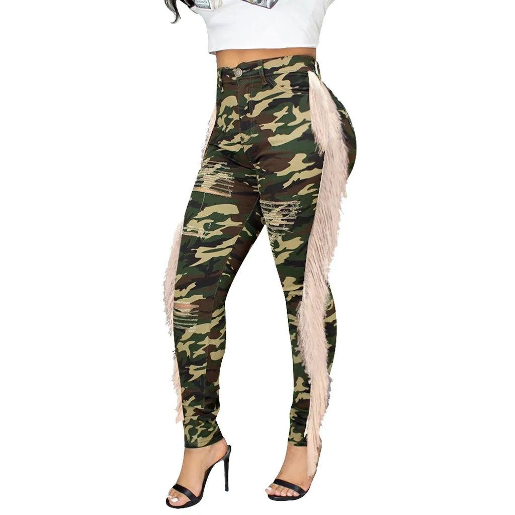 Jeans for Women mom plus size Stretch Jeans Women Fashion Skinny High-Waisted Camouflage Pocket Pants Hole Denim pencil Pants