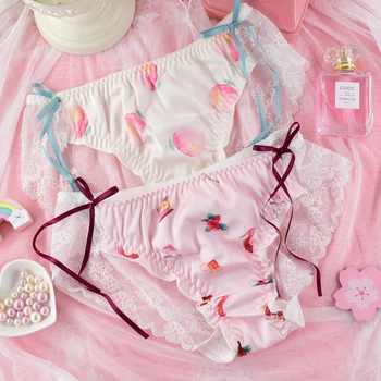 

Princess sweet lolita underwear Japanese breathable lace ribbon bow cute girl print cartoon soft strawberry underwear XWZ124
