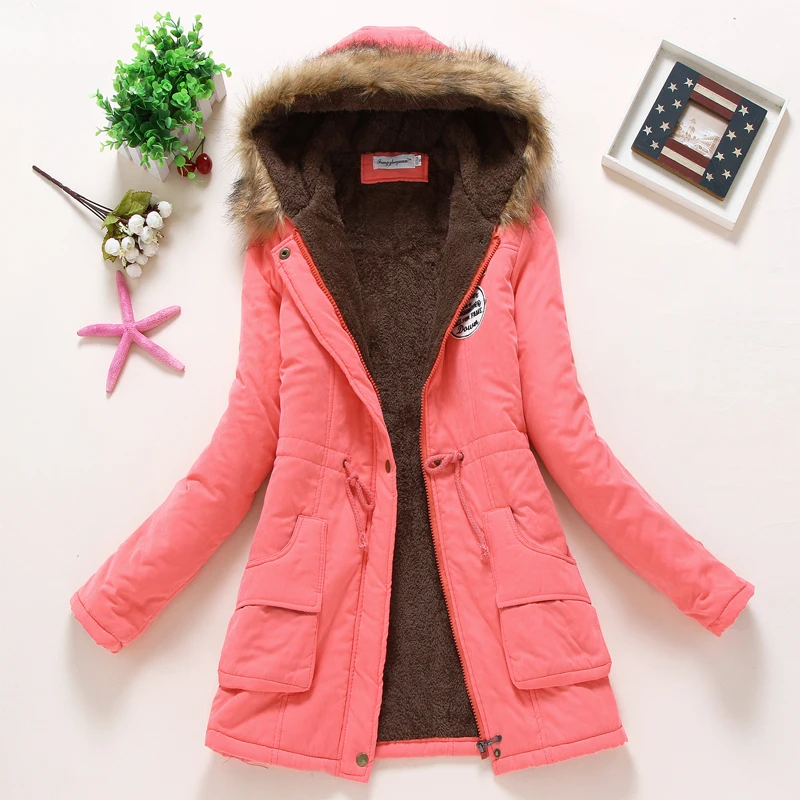 Женское зимнее теплое пальто, женская осенняя хлопковая Меховая куртка с капюшоном размера плюс, верхняя одежда, тонкая Длинная женская куртка - Цвет: Watermelon Red