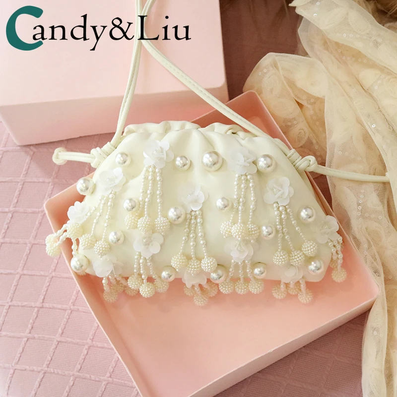 

Lady Pearl Flowers Tassels Elegant Texture Soft Leather Clouds Dumplings Clutch Bag Female New Woman Shoulder Messenger Bag