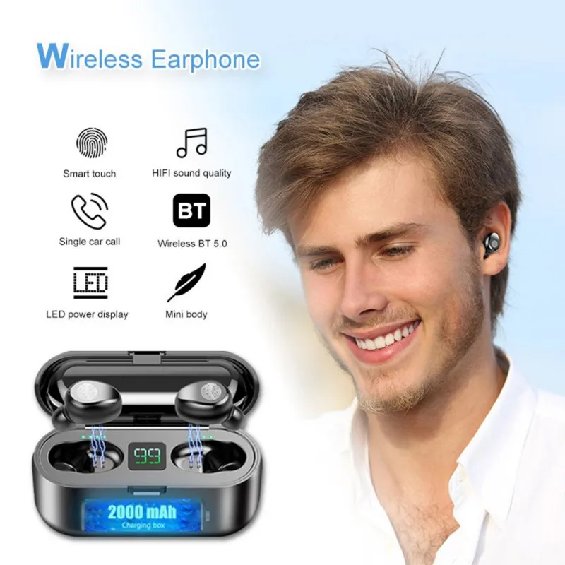 Wireless Earphone Bluetooth V5 0 F9 TWS Wireless Bluetooth Headphone LED Display 2000mAh Charging Box Headsets With Microphone