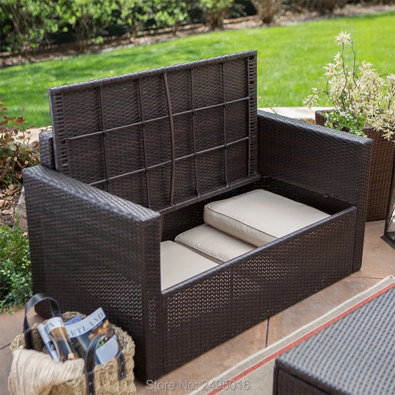 Двухкомпонентный напольный loveseat и журнальный столик со встроенной емкостью для хранения, ротанговая палуба, плетеная мебель для патио Двухкомпонентный напольный loveseat и журнальный столик со встроенной емкостью для хранения, ротанговая палуба, плетеная мебель для патио