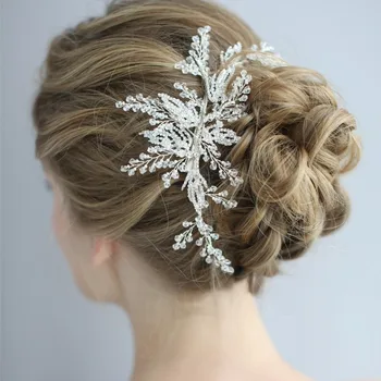 

NPASON Crystal Leafs Shape Silver Wedding Bride Hair Clip Handmade Fashion Women Vine Hair Accessories