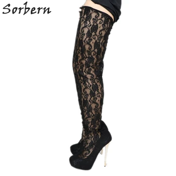 

Sorbern See Through Lace Thigh High Boots Metal High Heel Stilettos Platform Round Toe Transparent Sexy Sheer Boots Long