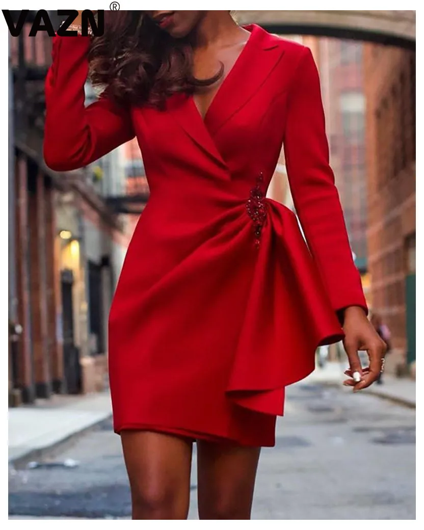 VAZN,, золотая медаль,, высококачественное сексуальное Клубное милое модное красное платье с высокой талией, глубоким v-образным вырезом, полным рукавом, тонкое женское мини-платье