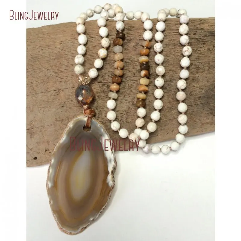 

NM31742 Boho Long Hand Knotted Necklace Druzy Agate Geode Pendant Crystal Bohemian Beaded