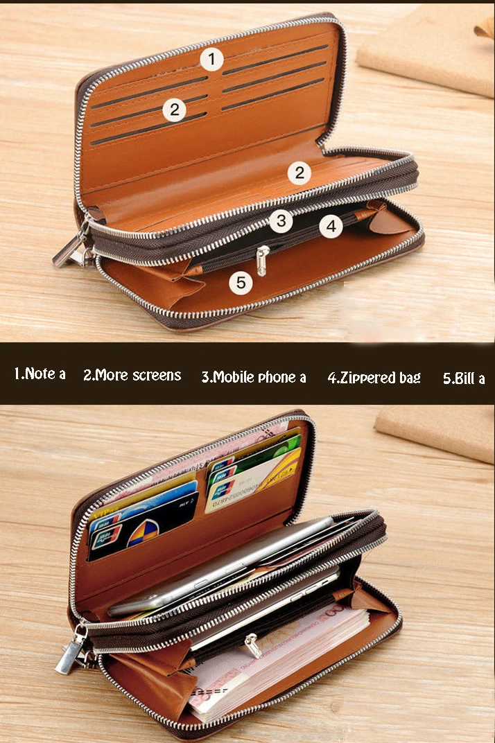 Men's leather wallet Large Capacity billeteras para hombre Double Zipper Men Clutch Bag  portafoglio uomo Male Business Wallet 6