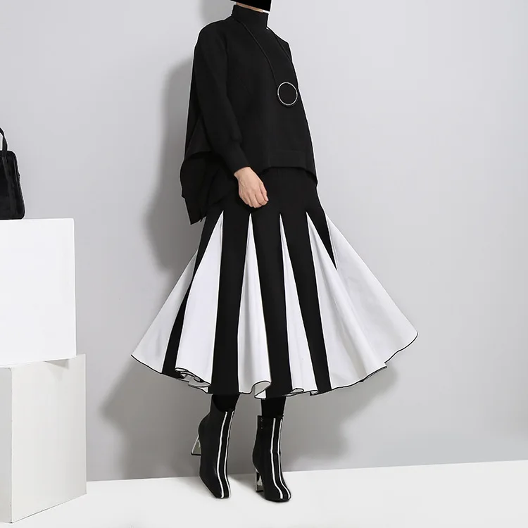 LIVA GIRL New Autumn Winter High Waist Solid Color Black White Split Joint Loose Pleated Half-body Skirt Women Fashion