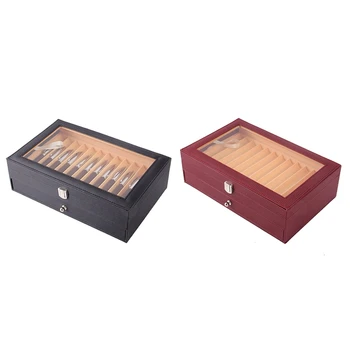 

2X 24 Pen Fountain Wood Display Case Holder Wooden Pen Box Storage Collector Organizer Box Black & Wine Red
