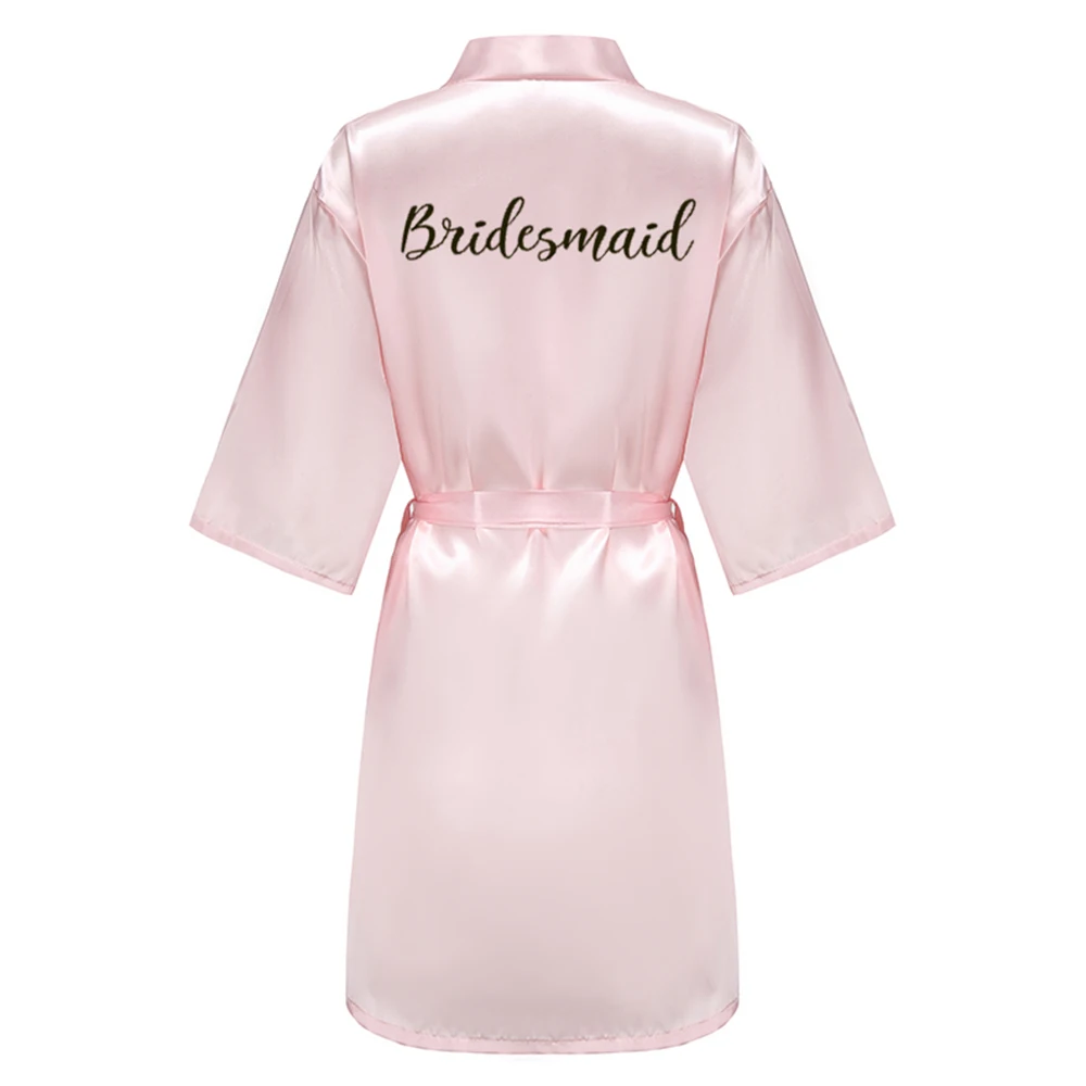 Women Sleepwear Bride Robes Wedding Team Satin Dressing Gowns Black Letter Writing Bathrobe