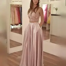 Женское платье для выпускного вечера, розовое, из двух частей, кружевное, атласное, Формальное, для женщин, вечерние, очаровательное, vestido gala, manga comprida, великолепное