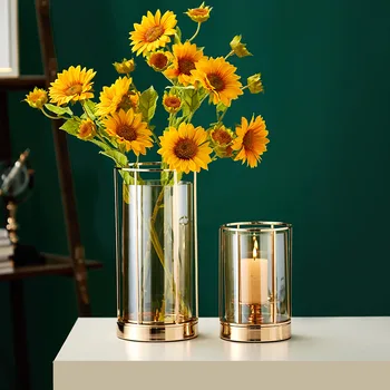 

European Style Home Decor Golden Candlestick Flower Vase Exquisite Wrought Iron Candle Holder Living Room Festive Wedding Decor